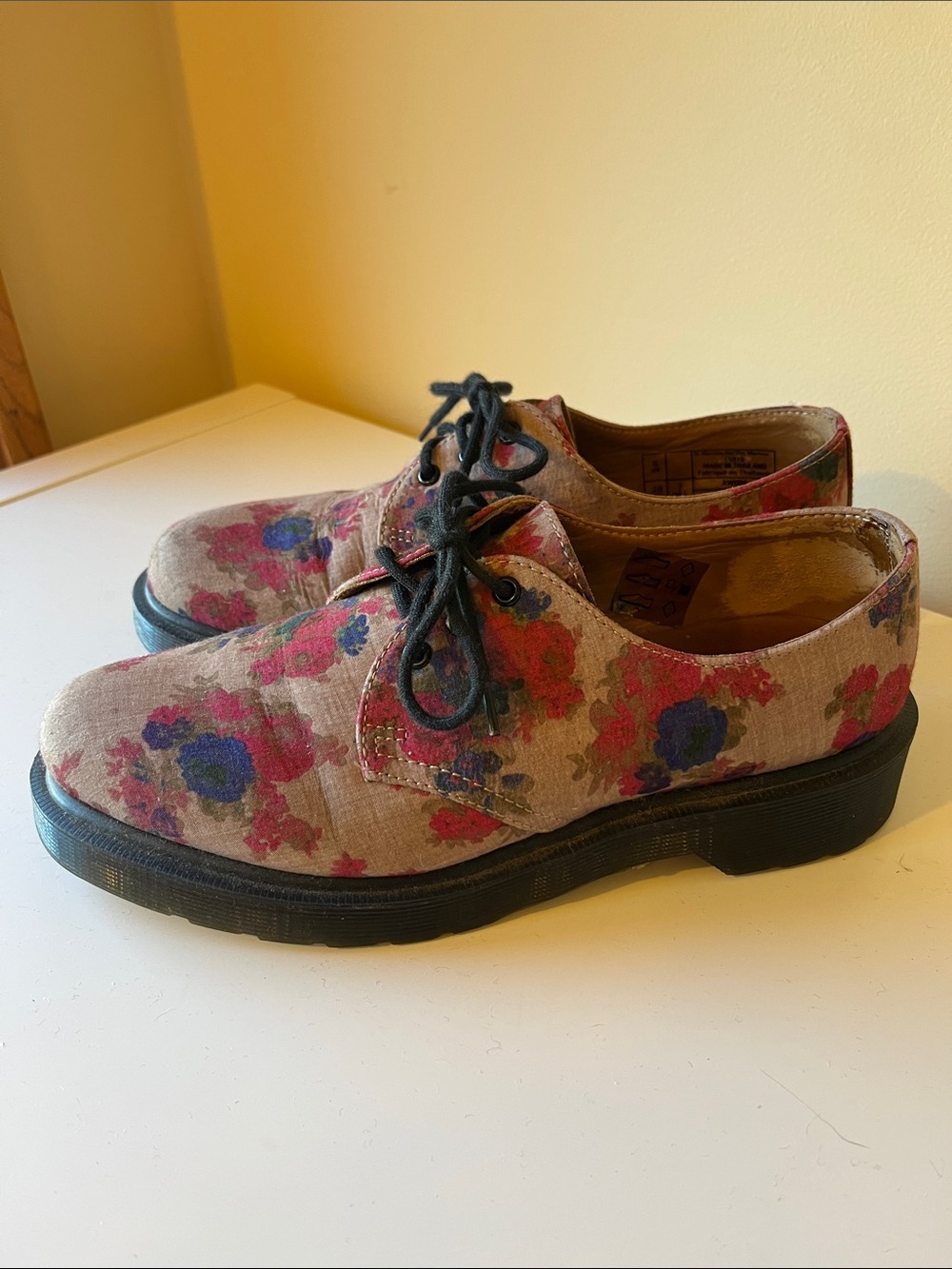 Dr. Martens Floral Lace-Up Flats in Beige with Pink & Blue Flowers